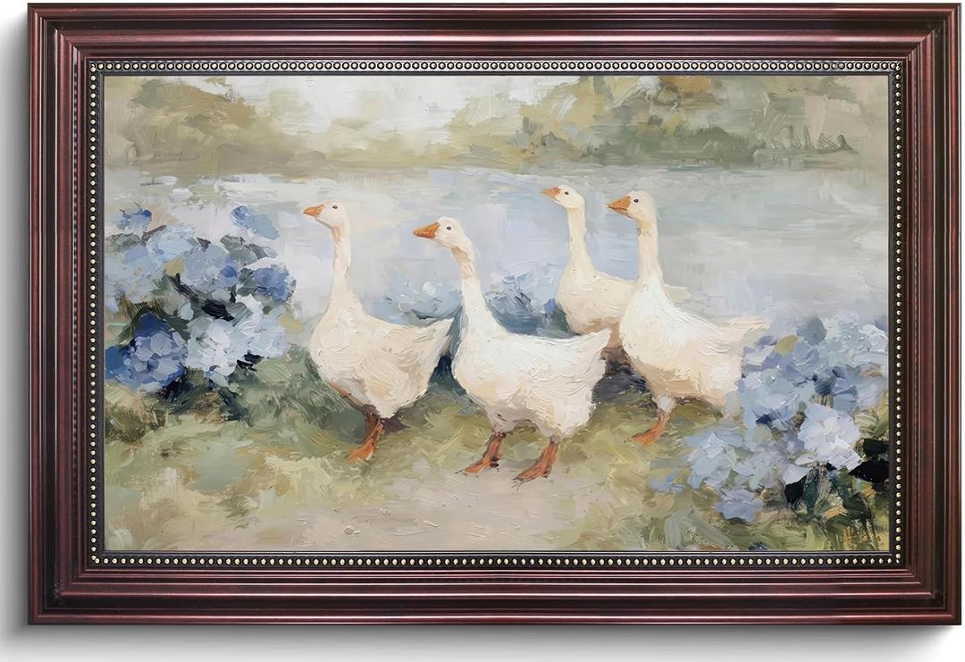 Farmhouse Geese Wall Art Framed Print Vintage Rustic Landscape Decor Canvas, 24"L x 16"W