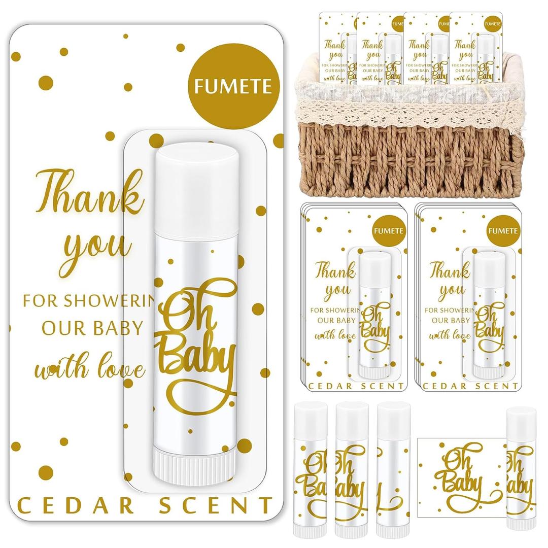Fumete 24 Pcs Baby Shower Favors for Guest Lip Balm Bulk with Thank You Card, Cedar Scent Lip Balm for Party Decorations Gender Reveal Games Prizes