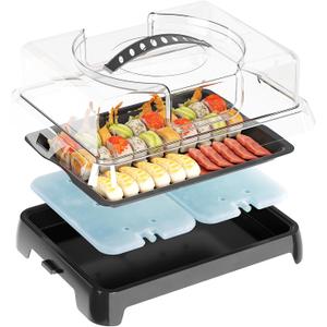 Chilled Portable Serving Tray Platterbox with Reusable Ice Pack with Lid Shrimp Cocktail Serving Dish Platter Cold Food Buffet Server for Appetizer Veggie Fruit Food Parties Outdoor Picnic, Black