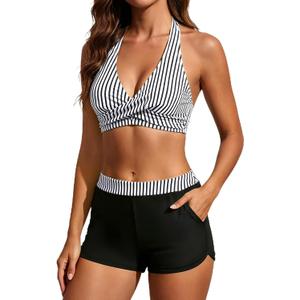 Bikini with Shorts for Women - Halter Two Piece Swimsuits High Waisted Bathing Suits with Pocket 2026 Boyshorts Swimwear (Black, L)