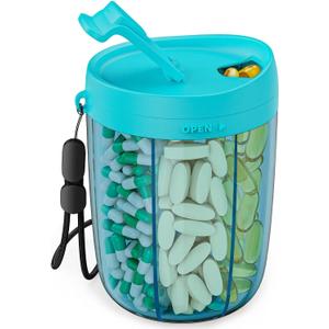 PULIV Large Pill Bottle Organizer, Supplement Organizer for Holding 6 Various Vitamins, Pill Box Case with Anti-Mixing & Wide Opening Design, Easy to Retrieve Meds and 20 Pcs Stick-on Labels, Blue