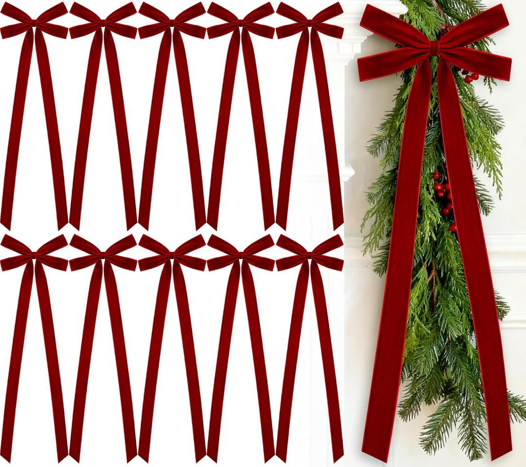 10 Pcs Red Velvet Bows Large 22x8 Inch Pre-Tied Christmas Velvet Bows Christmas Tree Ornaments Vintage Holiday Decor for Xmas Tree Wreath Garland Banister Staircase Fireplace Door