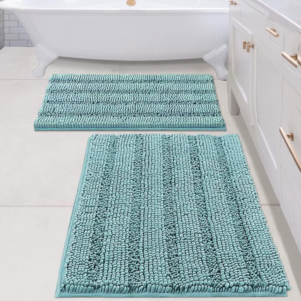 H.VERSAILTEX Bathroom Rugs Bath Mats Sets Super Absorbent Chenille Striped Bath Mats Non Skid Machine Wash Dry Rugs for Bathroom Floor Set of 2(Aqua Haze, 24 x 36 Plus 20 x 32 - Inches)