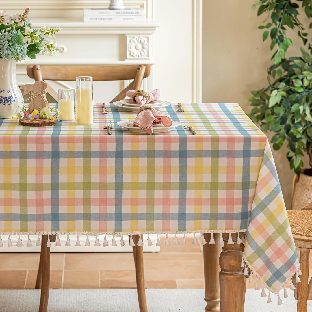 JIALE Easter Gingham Tablecloth Cotton Linen Fabric Colorful Checkered Table Cloth with Tassel, Washable Wrinkle Free Buffalo Plaid Table Cover for Spring Summer Dining Party, Multi Yellow, 55X75''