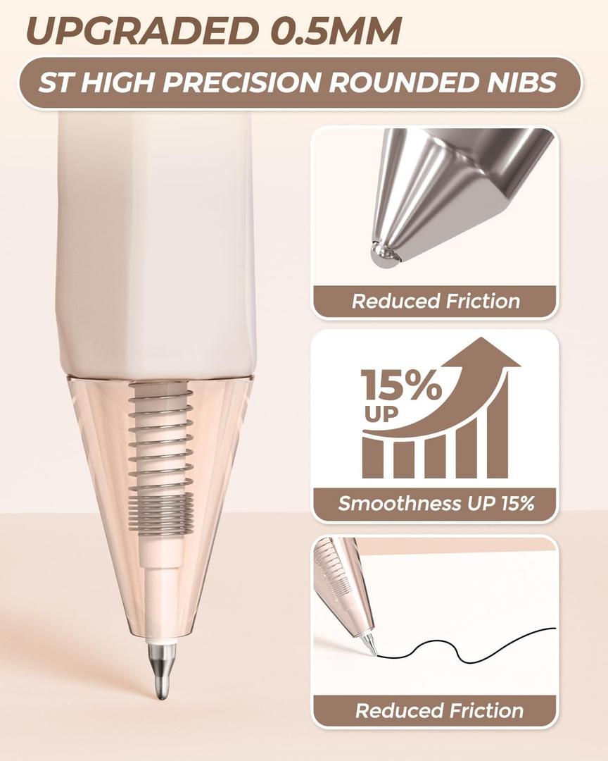 Nicpro 12 PCS Pastel Gel Ink Pen Set, Black Ink Pens with  Highlighters and Mechanical Pencil 0.5 0.7mm, Retractable 0.5mm Fine Point Note Taking Pens for School Office (Brown)