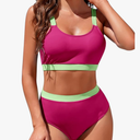 Womens High Waisted Bikini Sets Sporty Crop Top Color Block Swimwear Bandeau Scoop Neck Vintage Two Piece Bathing Suits, XL
