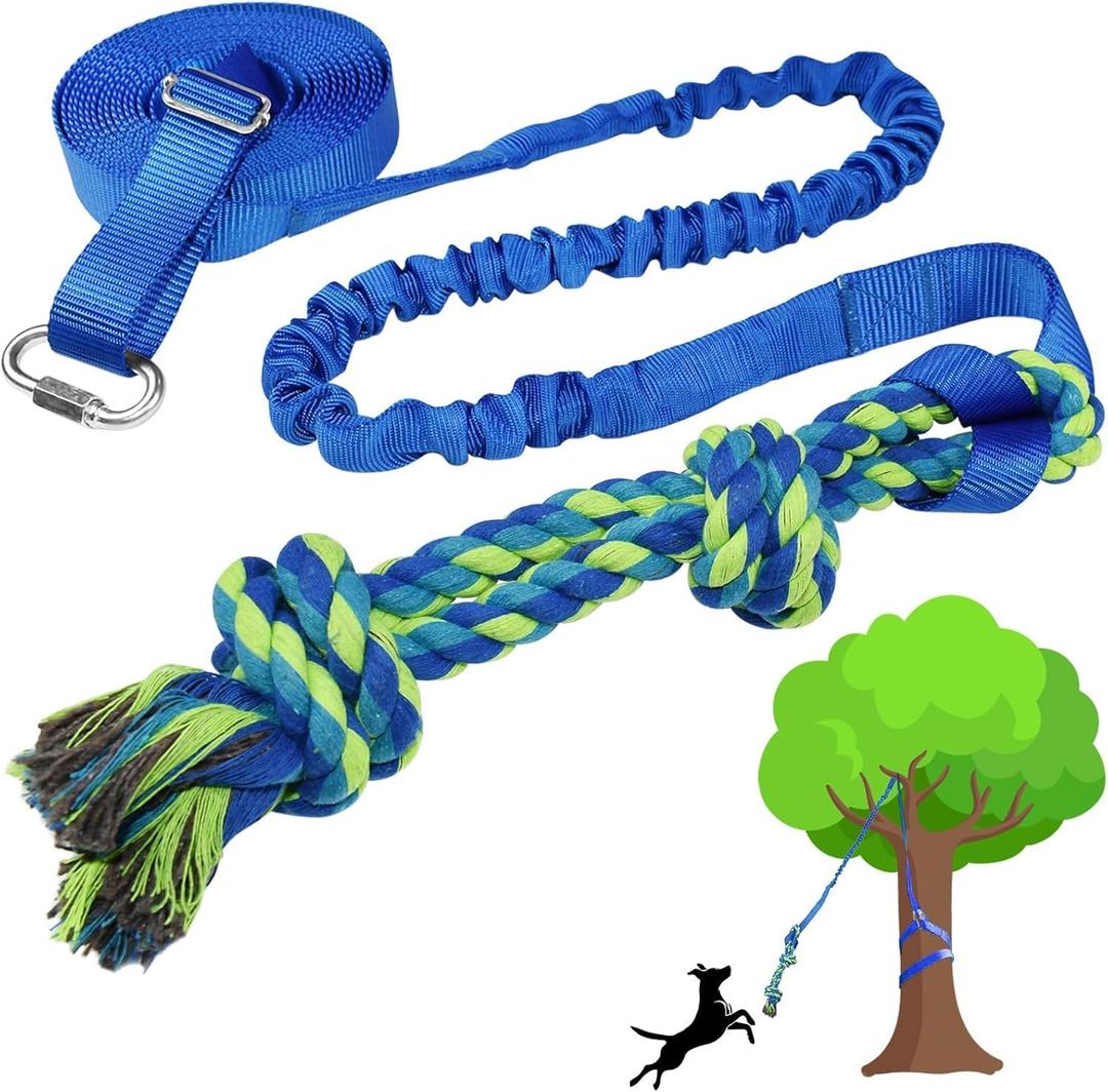 Dog Bungee Tug Toy Hanging from Tree,Outdoor Tug of War Interactive Tether Dog Rope with Chew Lure for Small Medium Large Dogs (Blue)