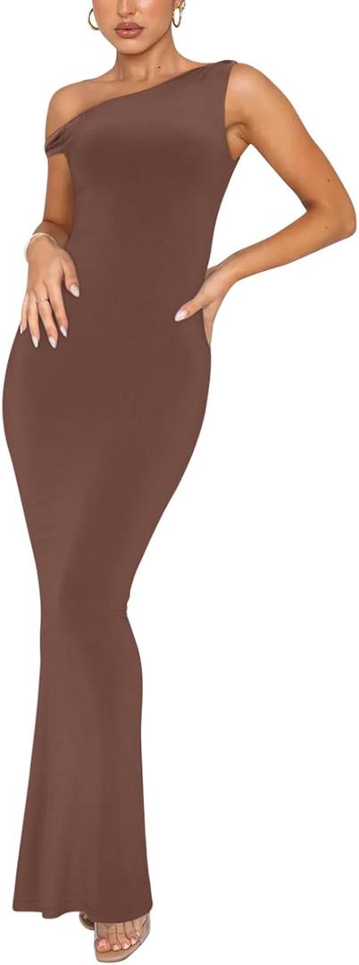 REORIA Women's Summer Sexy One Shoulder Formal Long Dress Wedding Guest Elegant Sleeveless Ribbed Bodycon Maxi Dresses (Small, Coffee)