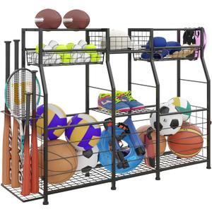 Garage Sports Equipment Organizer with Wheels - Ball Storage Rack with Elastic Rope or Wire Mesh,Garage Organizer System,Indoor/Outdoor Sports Rack for Sports Gear and Toys Storage,Black
