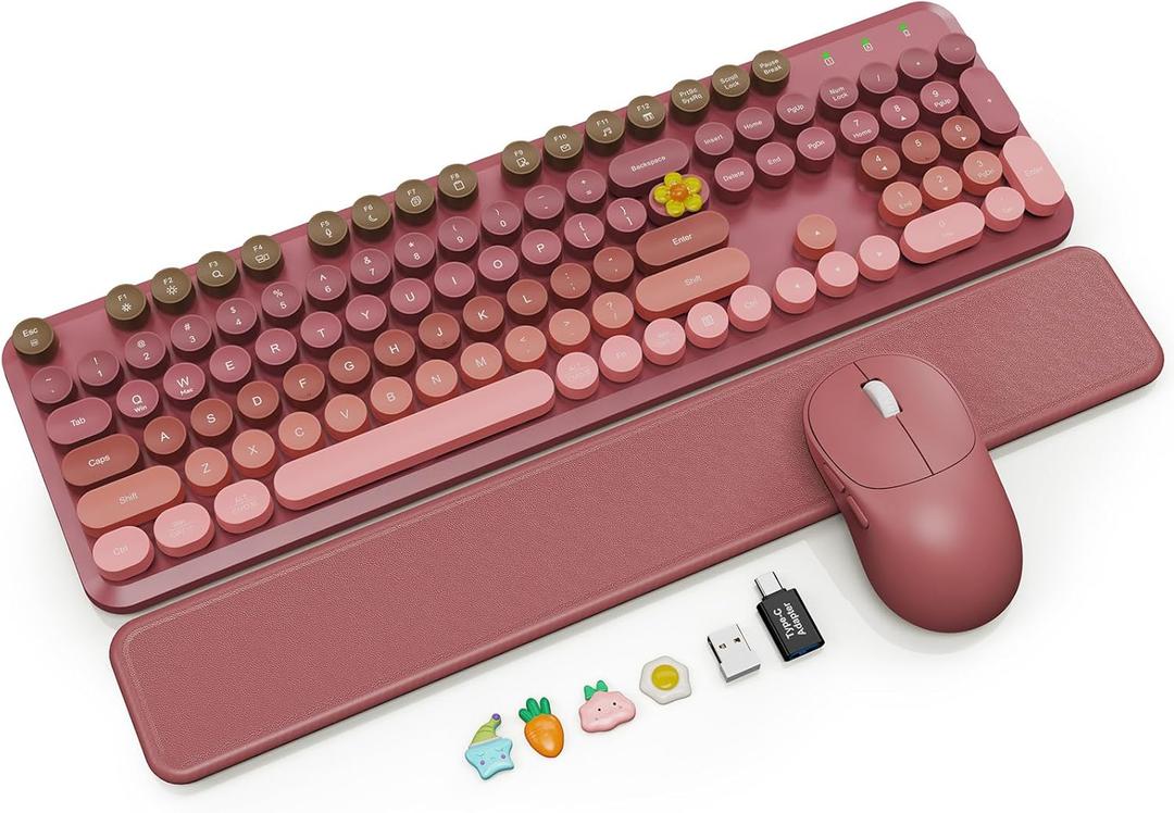 Wireless Keyboard and Mouse Combo, Magnetic Soft-Touch Wrist Rest, Round Keycaps, Full-Size Retro Typewriter Keyboard, 2-Stage Tilt Legs, Auto Sleep, 2.4GHz Cordless for Windows PC, Rose Pink Ombre