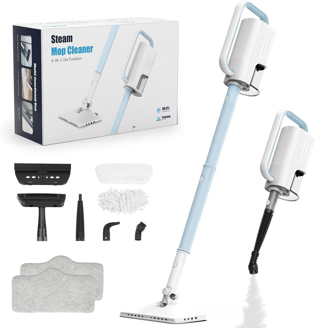 Steam Cleaner, 6 in1 Rotated Steam Mop Cleaner with 2 Modes, 2 Microfiber Pads, 400ML Removable Tank, 23FT Power Cable, Detachable Steam Mops for Floor, Laminate Floor, Tiles Cleaning (Sapphire Blue)