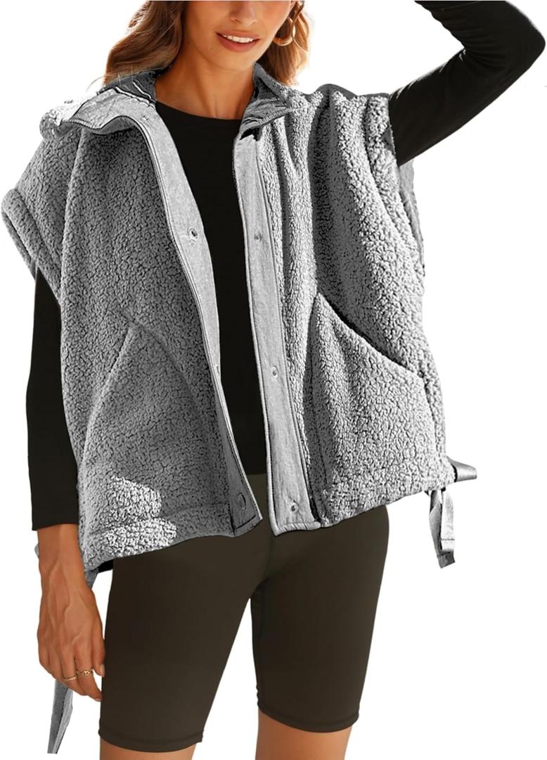OPCAKM Women's Fuzzy Fleece Vest Oversized Sleeveless Sherpa Jacket Warm Button Down Gilet Outerwear with Pockets (Medium, Grey)