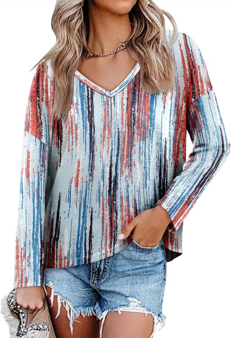Women's Long Sleeve T-Shirts Solid Color Loose Fit Cute Basic Flowy Tops Spring Fall Casual Blouse (Blue, XL)