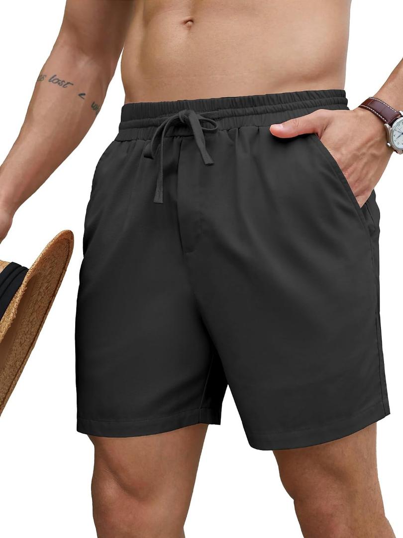 PLEPAN Mens 5 Inch Linen Shorts - Casual Elastic Waist Drawstring Summer Beach Shorts with Pocket (Black, XXL)