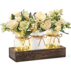 Mkono Mason Jar Lights Centerpiece Table Decor for Dining Room Farmhouse Wood Tray with 3 Jars Flowers Valentines Day Decoration for Coffee Table Kitchen Living Room Wedding (small, White)