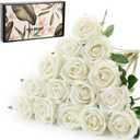15Pcs Pearl White Roses Artificial Flowers Fake Roses Long Stem Velet Rose Silk Flowers for Home Wedding Decoration (Pearl Roses,White)