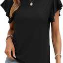SHEWIN Womens Summer Tops Casual Crewneck Ruffle Short Sleeve T Shirts Hollow out Tunic Top Loose Fit (Black, S)