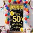 IVN 50th Birthday Door Cover 71x35 Inch Black Gold Birthday Banner for Party Decorations Balloons Stars Fireworks Backdrop Sign for Men Women Photo Booth Prop Wall Decor