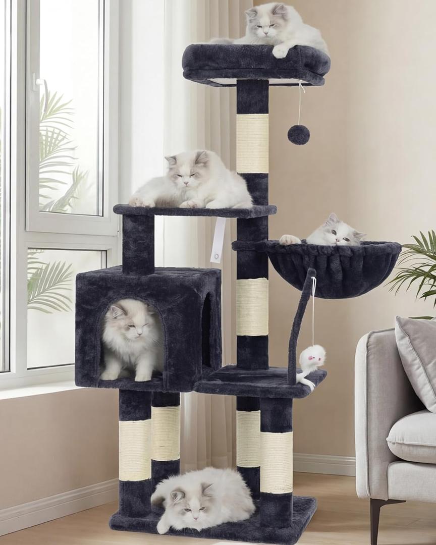 Heybly Cat Tree with Toy, Cat Tower Condo for Indoor Cats, Cat House with Padded Plush Perch, Cozy Hammock and Sisal Scratching Posts, Smoky Gray HCT004SG (43.3 inch)