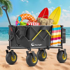 CAtArt Beach Wagon with Big Wheels for Sand, 400LBS Heavy Duty Foldable Wagons Carts, 9" All-Terrain PVC Inflatable Tires, Easy Storage for Beach, Grocery Shopping, Sports Camping (Black)