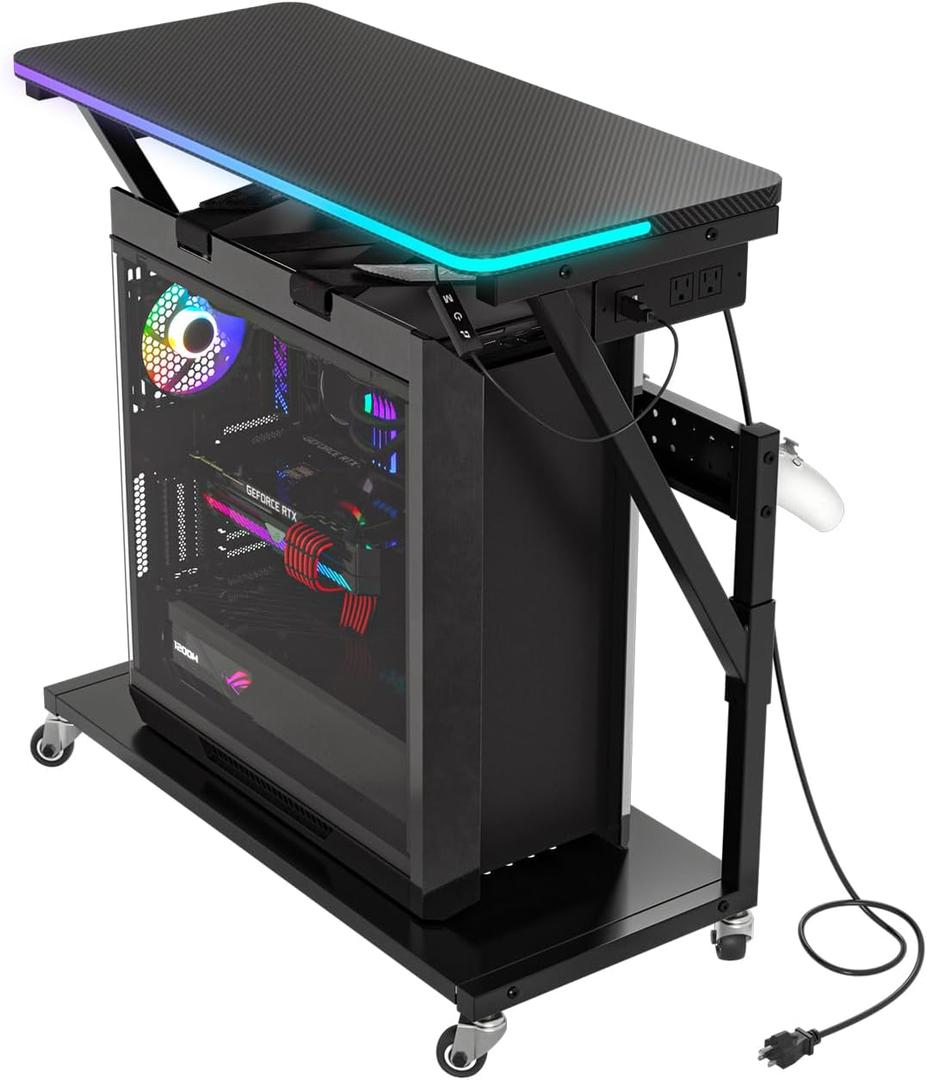 Computer Tower Stand with Color Changing LED Strip Lighting Music Sync, Gaming PC Stand for Floor, Printer, TV, AV Media, Entertainment Center Rack, Matte Black