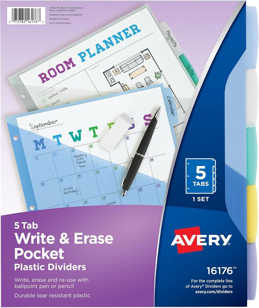 Avery Write & Erase Pocket Plastic Dividers for 3 Ring Binders, 5 Tab Set, Works with Sheet Protectors, Multicolor, 1 Set (16176)