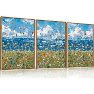 BICERE Large Blue Seaside Wildflower Framed Canvas Wall Art,Modern Nature Ocean Wall Decor,Rustic Sky Printing,White Cloud Landscape Artwork for Living Room,Bedroom,Dining Room-24"x36"x3
