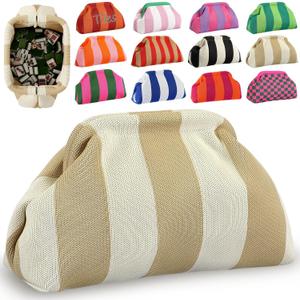 Mahjong Tile Bag Woven Clutch Purses for Women Woven Striped Dumpling Bag Summer Beach Evening Handbag for Mahjong Tile Vacation Supplies (Khaki Beige,Thick Lines)