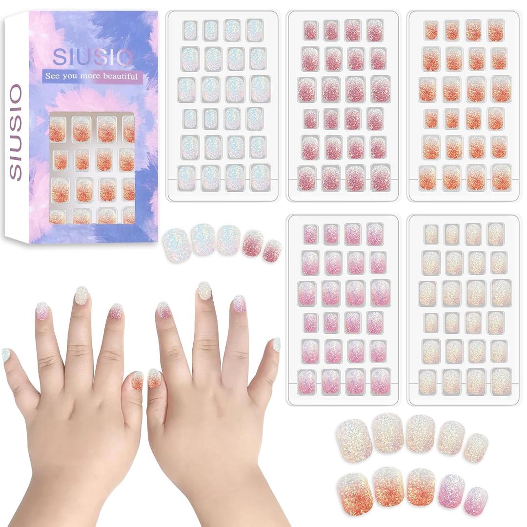 SIUSIO 120Pcs 5 Pack Press on Nails kids Children Acrylic Fake Nails Cute Pre-glue Full Cover Gradient Color Rainbow Short Stick On False Nail Art Kits Set for Kids Little Girls - Colorful Glitter