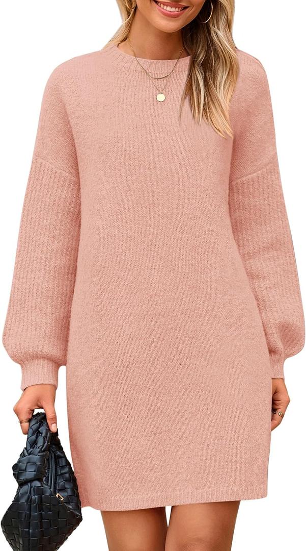 PRETTYGARDEN Women's Oversized Sweater Dress 2025 Fall Long Sleeve Crewneck Chunky Knit Slouchy Winter Pullover Sweaters (Medium, Pink)
