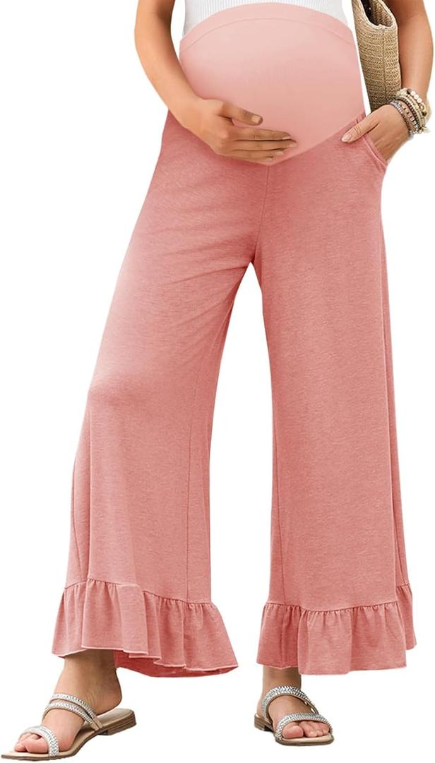 Yousify Womens Maternity Pants Soft Ruffle Flowy Lounge Palazzo Pants Pregnancy Wide Leg Trousers (X-Large, Pink) Yousify Womens Maternity Pants Soft Ruffle Flowy Lounge Palazzo Pants Pregnancy Wide Leg Trousers (X-Large, Pink)