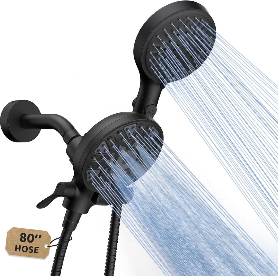 FASDUNT Dual Handheld Shower Head Combo, Enjoy 6-Setting Rain Showerhead and 6-Setting Hand Held Shower Separately or Together, 2 in 1 Showerhead with 80" Extra Long Stainless Steel Hose, Black