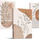 SERIMINO Boho Framed Wall Art Set of 3, Minimalist Wall Decor Living Room, Geometric Line Leaf Sun Moon Canvas Artwork Paintings for Bathroom, Home Decor Print, 12"x16"