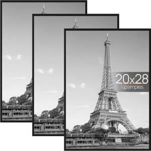 Upsimples 20x28 Picture Frame Black 3 Pack, Scratch-Proof Poster Frames 20 x 28 for Photo Gallery - Slide-In Strips, Horizontal or Vertical Wall Mounting