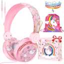 QearFun Sparkly Unicorn Headphones for Girls, Wired Headset with Mic, HD Stereo Sound, Foldable Over-Ear Headphones,Tangle-Free Cord for School, Travel, Tablet-Ideal Christmas & Birthday Gift (Pink)