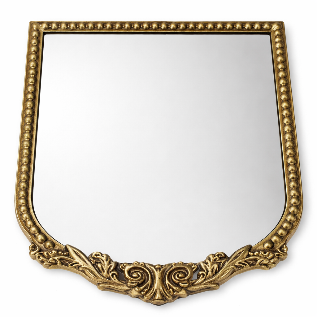 Vintage Gold Vanity Makeup Desk Arched Mirror 12"x18", Antique Traditional Table Mirror with Ornate Metal Frame & Bracket, Small Baroque Decor for Living Room,Bedroom,Tabletop