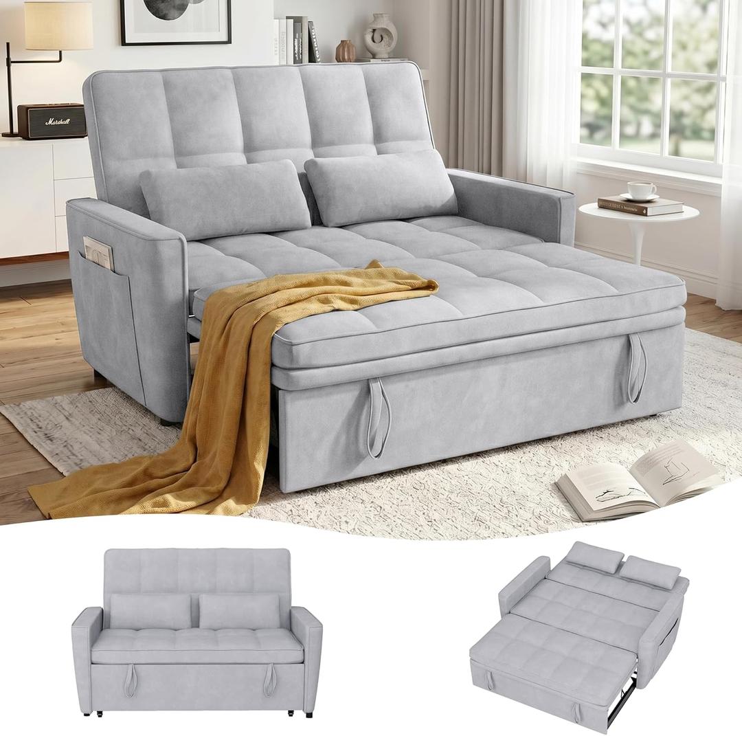 tiramisubest 54'' Sleeper Sofa Bed, Convertible Pull Out Couch Futon for for Living Room,Apartment (Grey, Loveseat) Side Pockets, Velvet Fabric, Adjustable Backrest, Pull-Out Bed, Easy Assembly