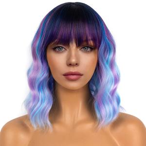 Colourful Short Bob Wigs with Bangs for Women Loose Wavy Wig Curly Wavy Shoulder Length Bob Synthetic Cosplay Wig for Girl Colorful Costume Wigs (Colourful-1)