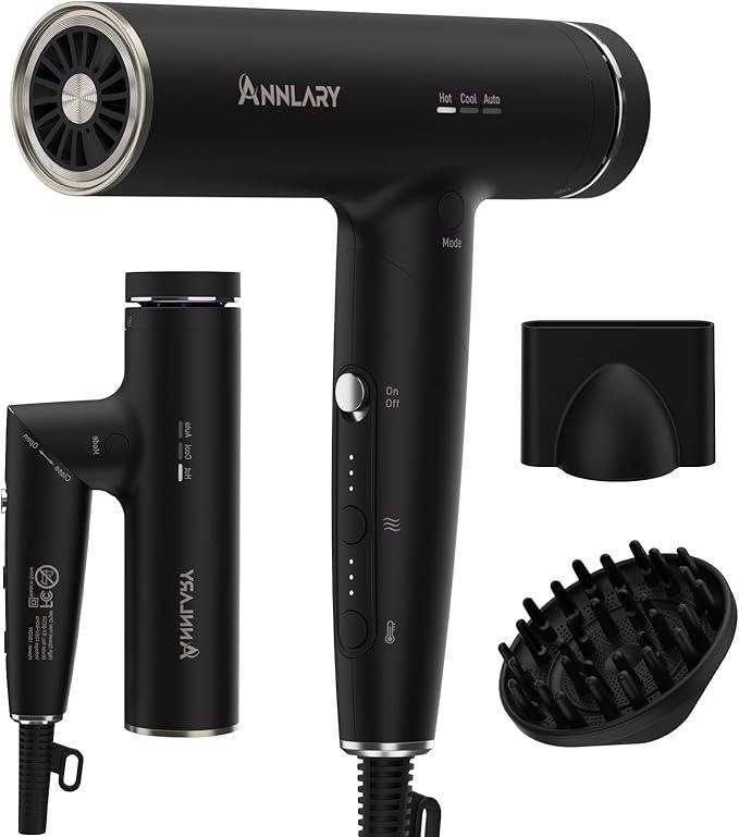 Plasma Ion Hair Dryer with Diffuser for Curly Hair, 110000 RPM Professional High Speed Blow Dryer with Plasma Ion, 1500W Foldable Travel Hairdryer with 6.5 Ft Cord Fast Drying for Women Men