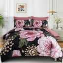 Luxudecor Floral Comforter Set King,7-Piece Bed in a Bag
Pink Flower Print,Black Bedding Set,Soft Reversible Comforter with Sheets,Pillowcases,Pillowshams