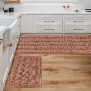 H.VERSAILTEX 2 Piece Bathroom Set - Super Absorbent Chenille Striped Bath Mats, Non Skid, Machine Washable - Muted Clay, 24 x 36 Plus 20 x 32 Inches