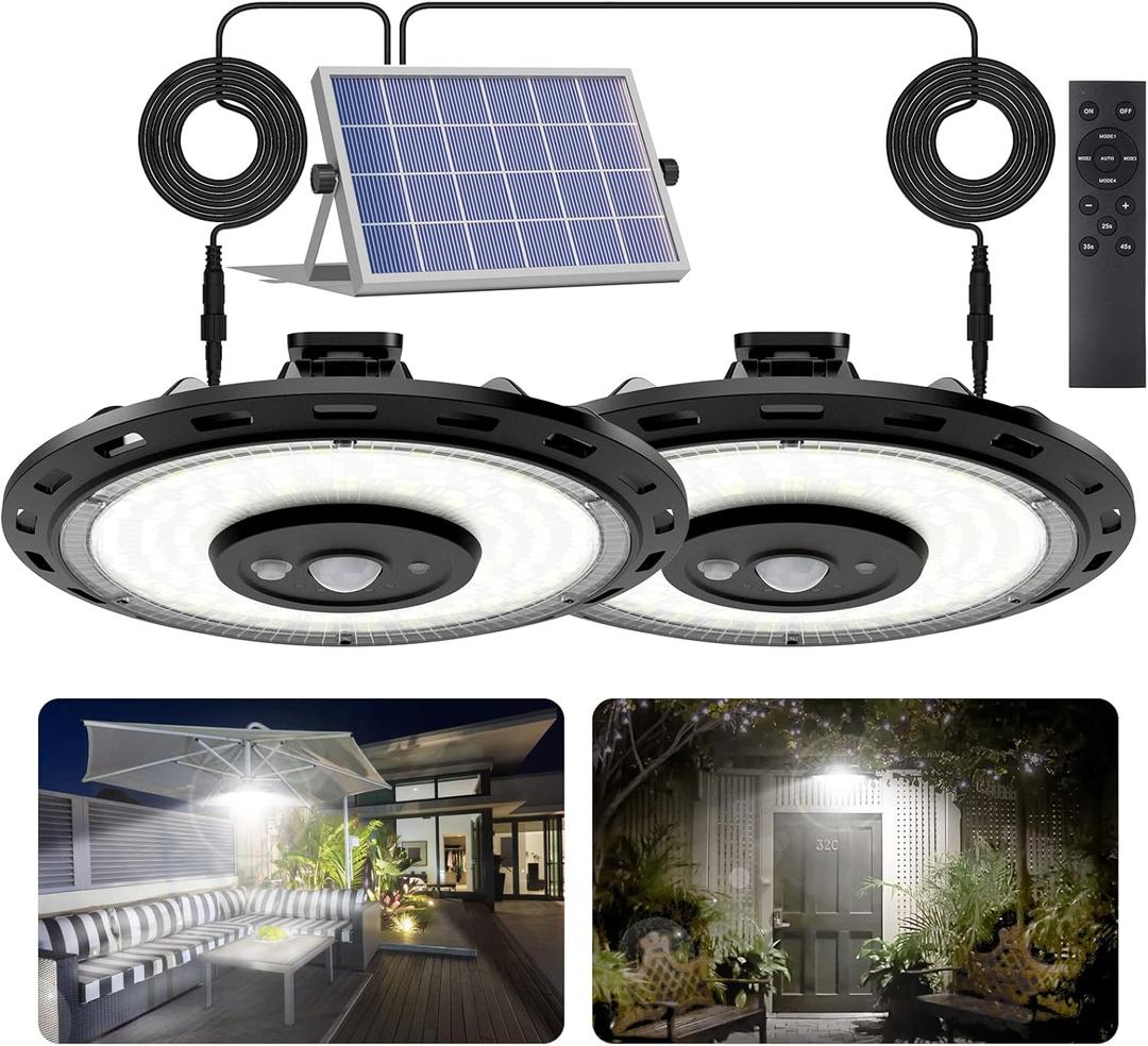 Solar Light Indoor Outdoor, 3000LM Solar Shed Light Rotation Design, Waterproof 15 Modes (2 for All Day Lighting) Motion Sensor, Remote for Barn Patio Chicken Coop Gazebo Garage-2 Packs