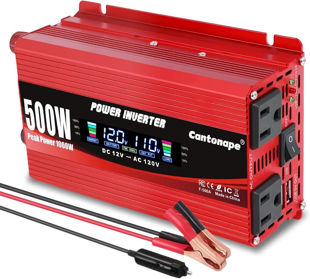500W/1000W(Peak) Car Power Inverter DC 12V to 110V/120V AC Converter with LCD Display 2 AC Outlets and 2 USB Ports Car Charger Adapter for Car Laptop Truck Red