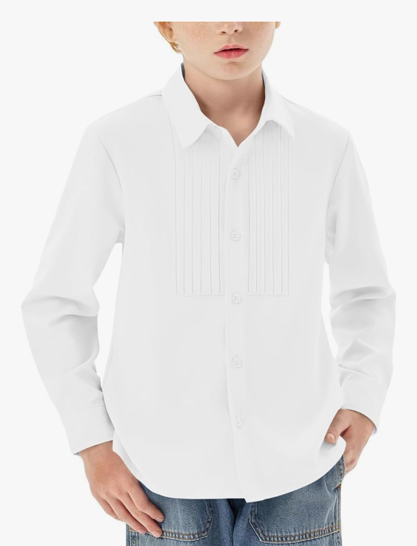 Haloumoning Boys Pleated Front Long Sleeve Dress Shirts Kids Button Down School Uniform Shirt 14 Years