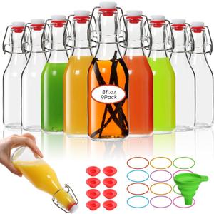 AuroTrends 8 oz Swing Top Glass Bottles with Lids 9 Pack- Airtight Flip Top Glass Bottles for Vanilla Extract, Home Brewing, Beverages, Oil & More (Transparent)