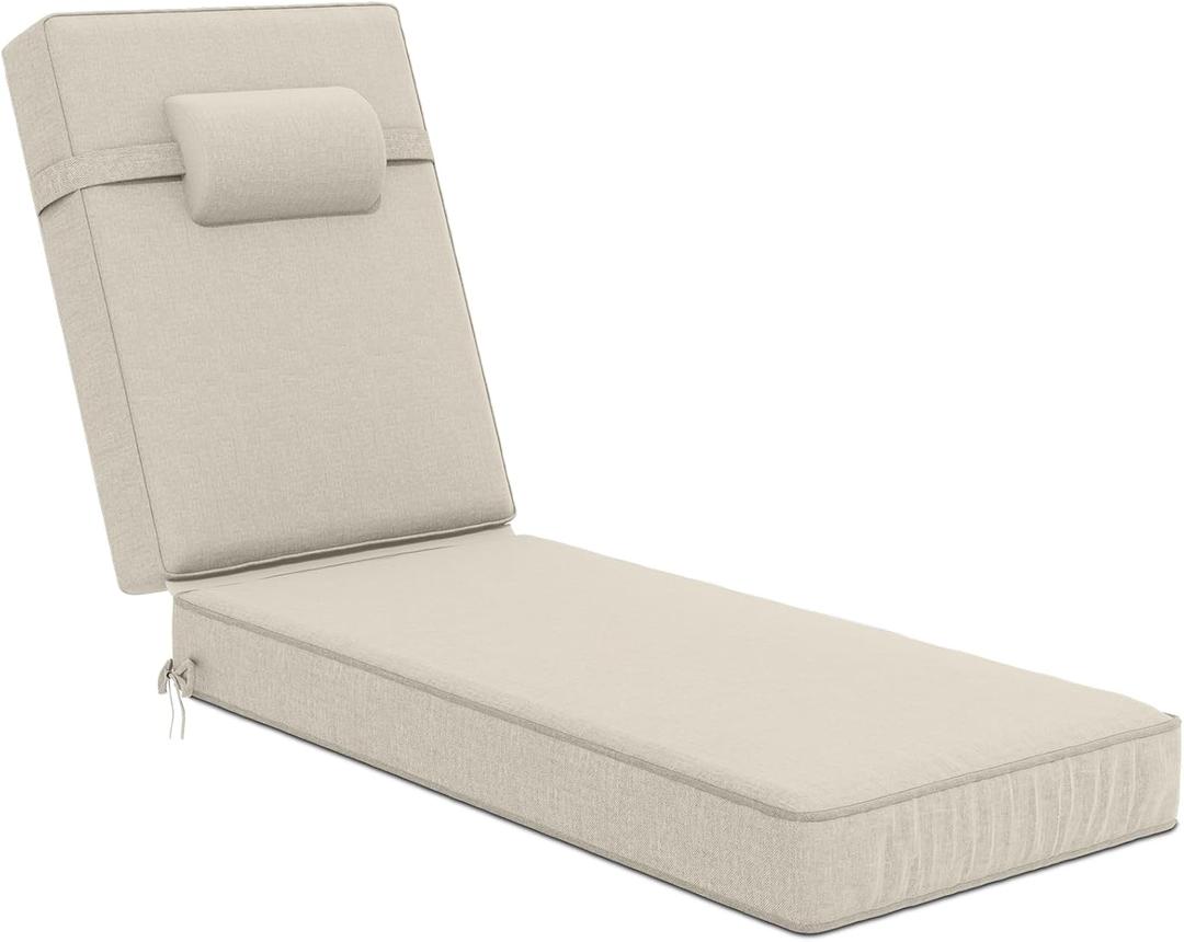 72 x 21 x 4 Inch Olefin Chaise Lounge Cushions, Lounge Chair Cushions with Headrest for Outdoor Furniture - Weather and Fade Resistant Patio Replacement Furniture Lounge Chair Cushion (Light Linen)