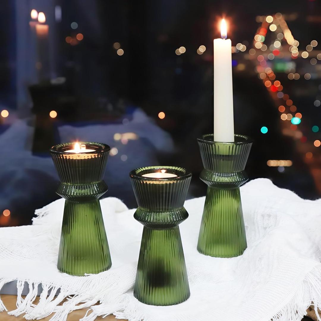 VOHO Green Christmas Candlesticks Holders for Decorations, Set of 3 Ribbed Candle Holders for Both Tapered & Tealight Candles, Classy Green Taper Candle Holders for Wedding Room Decor
