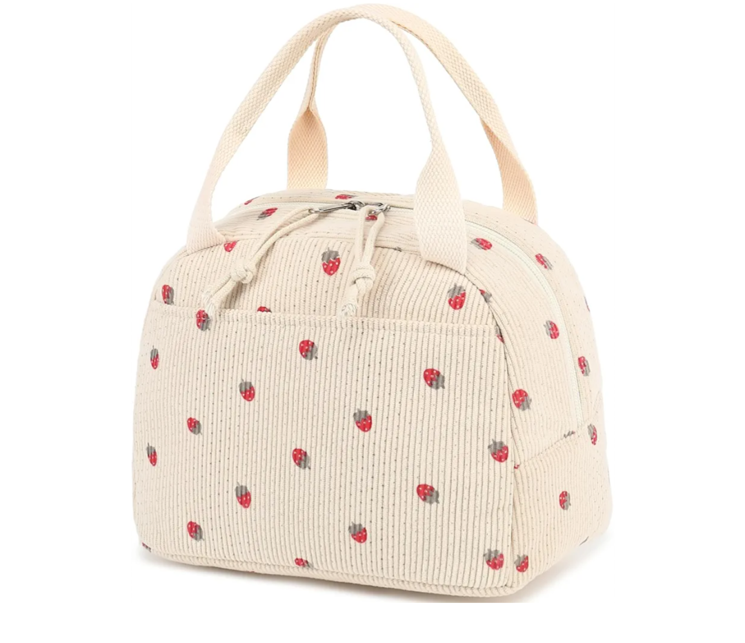KUBYA Lunch Box for Women, Cute Strawberry Corduroy Insulated Lunch Bag Women Reusable Work Leakproof Simple Adults Large Lunch Boxes Tote Bag Men Cooler Bag