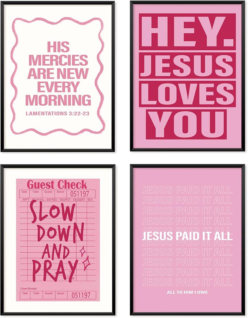 Locomiss Pink Dorm Decor Wall Art Posters, Preppy Y2K Teen Girls Wall Art Room Decor, Christian Pink Wall Dorm Decorations Prints for College Teen Girls, Set of 4 (12x16 Unframed)