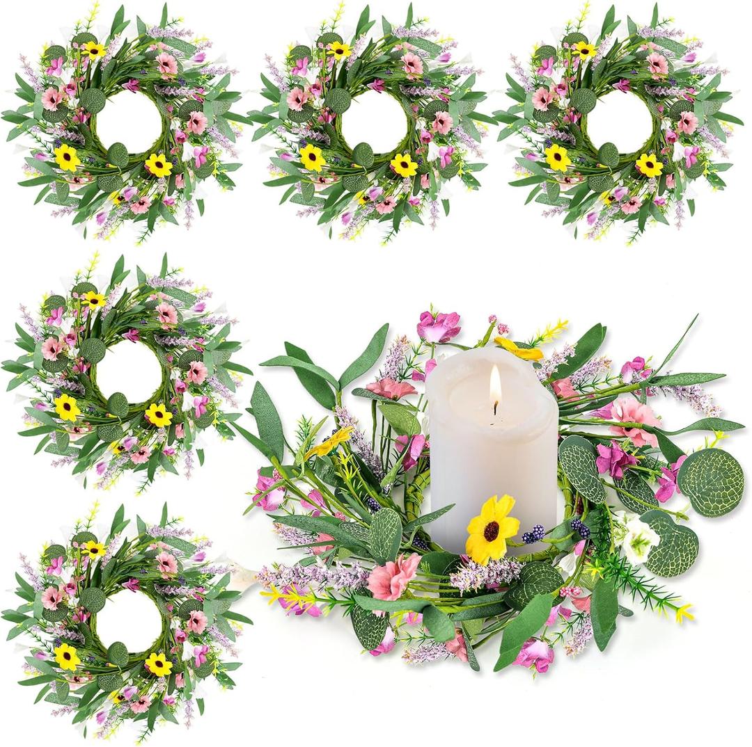 6 Pcs 9" Small Spring Wreath for Kitchen Cabinet Floral Wedding Candle Rings Wreaths Spring Summer Wildflower Wreath with Ribbon for Pillars Front Door Porch Wall Window Farmhouse Party Home Decor